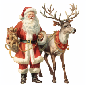 Vintage christmas reindeer with Santa, Chromolithograph, watercolor, Die Cut, 1920s Illustration, Vintage, Colorful, Antique, Ephemera, Clipart, 8k, Isolated on white background