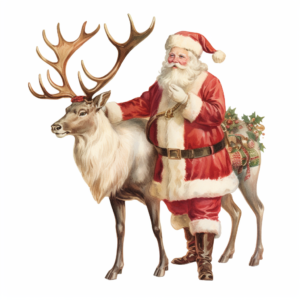 Vintage christmas reindeer with Santa, Chromolithograph, watercolor, Die Cut, 1920s Illustration, Vintage, Colorful, Antique, Ephemera, Clipart, 8k, Isolated on white background