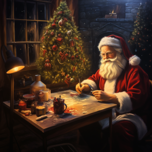 an oil painting of Santa sitting by the fireplace with a Christmas tree and christmas lights