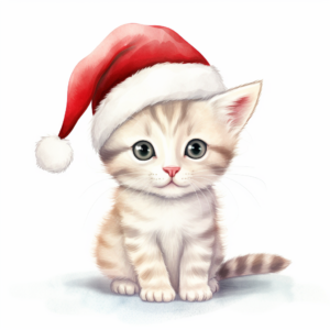 cute white kitten, wearing red Christmas themed hat, whimsical, soft light colors, watercolor clipart