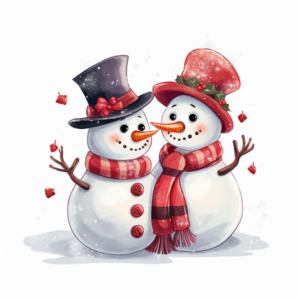 cute snowman and snowwoman couple surrounded by snowflakes illustration white background