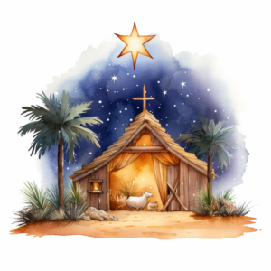 Craft a serene and heartfelt scene with watercolor clipart depicting a Nativity Scene in delicate artistry