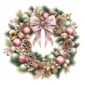 pearl, dusty pink, gold, green christmas wreath, highly detailed, watercolor, with gold christmas ornaments, pine cones, snow, realistic, symmetrical, 32k, hd, luxury, realistic, epic compostion, magical atmosphere, white background