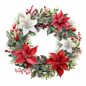 A beautiful christmas wreath, with christmas spirit, on solid white background, graceful, imaginative, magical