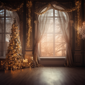 chrismas photo background, romantic atmosphere, theatrical lighting, grean and beige, spectacular backdrops,