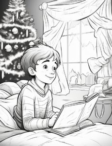 2d kids coloring page, Illustrate a charming bedroom scene on Christmas Eve, complete with a child in pajamas, hanging stockings, and a glimpse of Santa's sleigh in the sky, no color, white background, cartoon style,