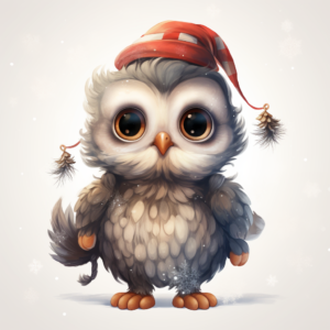 fantasy cartoon Christmas baby owl detailed, full body, watercolor illustration, white background