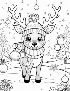 Pencil drawing, black and white, childrens coloring page, Christmas theme, cute reindeer in the snow, with christmas ornaments in their antlers, pixar style, childrens coloring book, thick black lines, black and white,