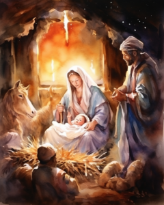 beautiful Christmas Manger scene, watercolor illustration, soft light,