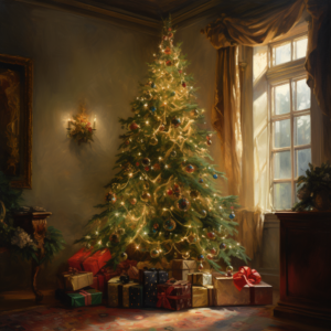 An oil painting of a christmas tree, in the style of raymond swanland, detailed portraits, mort künstler, 32k uhd, n. c. wyeth, captivating gaze, 19th century american paintings and works on paper