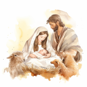 Christmas Crib, Holy Family, Christmas nativity scene with baby Jesus, Mary and Joseph in the manger with sheeps, beige and neutral soft colors, watercolor, solid white background, no shadow