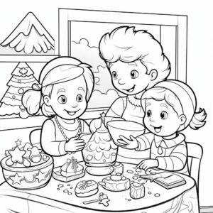 Draw me pictures of Christmas for coloring book . Let it be mom and kids baking Christmas cookies . Let the figure be realistic . Don't use too many shadows , don't use colors other than black and white .Let there be a lot of space to color . In addition, draw the children looking out the window behind the footsteps of Santa Claus .