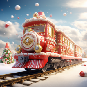 new santa claus merry christmas train, in the style of rendered in cinema4d, surrealistic elements, miki asai, contemporary candy-coated, dreamlike scenes, ricoh gr iii, realistic rendering
