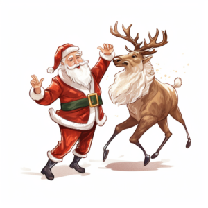 Santa Claus and elk dancing in a ballet, cartoon, less shadows, clear outline