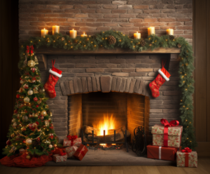 an image of a fireplace and a christmas tree in the fireplace, in the style of vibrant tapestries, ultra realistic, villagecore, rusticcore, wiesław wałkuski, holga 120n, tapestry-like