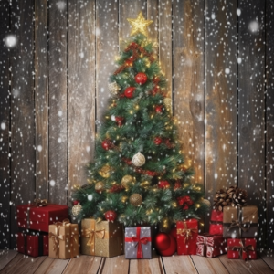 christmas tree wall hanging with snow., in the style of vibrant stage backdrops, rustic still lifes, spectacular backdrops, light brown and green, 32k uhd, dark yellow and silver, light emerald and red