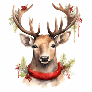 christmas reindeer portrait, watercolor clipart on white background