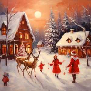a village during an afternoon, Christmas time, red and white decoration, deers, happy children, beautiful people, father Christmas, in the style of a beautiful painting