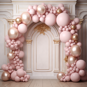gold and gold balloon arch backdrop in pink and white, in the style of muted tones, surrealism, neo-concrete art, delicately detailed, limited color range, solapunk, grandeur of scale, subdued palette --v 5.2