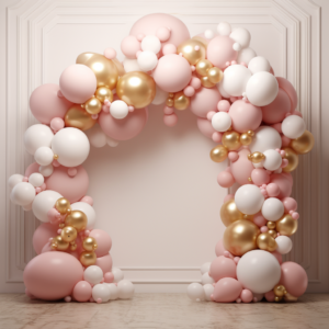gold and gold balloon arch backdrop in pink and white, in the style of muted tones, surrealism, neo-concrete art, delicately detailed, limited color range, solapunk, grandeur of scale, subdued palette --v 5.2