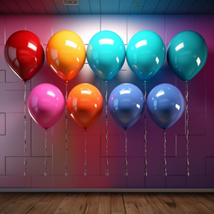 There are ten colorful balloons in a row, each of which has a different pattern, backlight, neo-expressionism, 4K, hyper quality --v 5.2