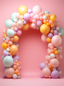 colorful balloons arranged in the shape of an arch against a pink background, in the style of subtle pastel hues, goosepunk, photobash, tinkercore, pink and gold, cute and colorful, lush and detailed --ar 3:4 --v 5.2