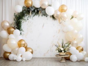 birthday photo background+white vintage wall+circle decorated with balloons+natural decor --no people --ar 4:3 --v 5.2
