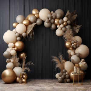 beige balloon arch gold and brown, in the style of luxurious wall hangings, circular shapes, earthy naturalism, pure color, dark beige and light beige, maximalism, natural materials --v 5.2