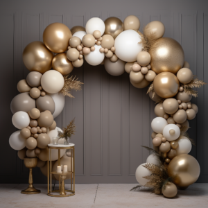 beige balloon arch gold and brown, in the style of luxurious wall hangings, circular shapes, earthy naturalism, pure color, dark beige and light beige, maximalism, natural materials --v 5.2