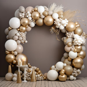 beige balloon arch gold and brown, in the style of luxurious wall hangings, circular shapes, earthy naturalism, pure color, dark beige and light beige, maximalism, natural materials --v 5.2