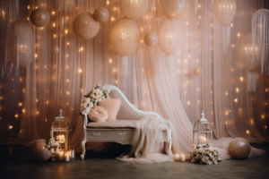 /visualize a luxurious maternity backdrop featuring crystal chandeliers or hanging crystals that catch the light beautifully --no people --ar 3:2 --v 5.2