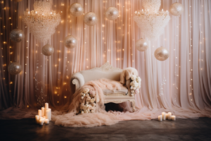 /visualize a luxurious maternity backdrop featuring crystal chandeliers or hanging crystals that catch the light beautifully --no people --ar 3:2 --v 5.2