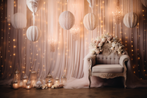 /visualize a luxurious maternity backdrop featuring crystal chandeliers or hanging crystals that catch the light beautifully --no people --ar 3:2 --v 5.2