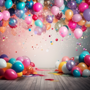 A birthday party backdrop filled with colorful balloons, Polarizing Filters, sweeping panorama, Chinese Ink style, 32K, high resolution --v 5.2