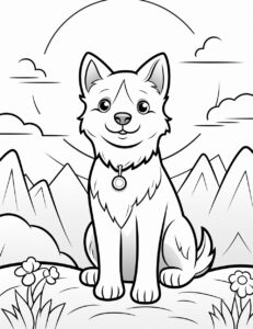 create a dog coloring page for kids. black and white line art coloring page. The image should be executed in a simple, continuous line art style, filling the entire page with an enchanting scene. The simplicity of the design allows young artists to concentrate on the subjects, fostering creativity and providing a calming artistic outlet. This minimalist aesthetic is perfect for teens looking for a relaxing coloring activity. --ar 17:22 --v 5.2