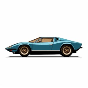 Graphic of a side view of a blue retro vintage Lamborghini sportscar with brown interiors. on plain white background, --ar 1:1