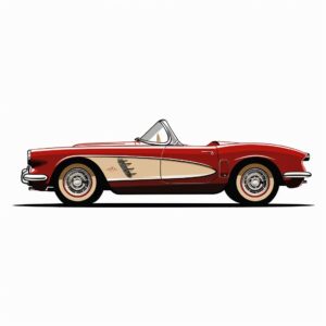 Graphic of a side view of a red retro vintage Chevrolet sportscar with brown interiors. on plain white background, --ar 1:1