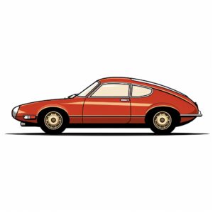 Graphic of a side view of a red retro vintage Kia sportscar with brown interiors. on plain white background, --ar 1:1