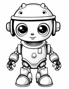 coloring page for kids,cute Robot cartoon, simple dainty thick black line, black and white,vector art on a white background --no shading --ar 85:110 --v 5.2