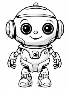 coloring page for kids,cute Robot cartoon, simple dainty thick black line, black and white,vector art on a white background --no shading --ar 85:110 --v 5.2