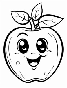 coloring page for kids,cute apple cartoon, simple dainty thick black line, black and white,vector art on a white background --no shading --ar 85:110 --v 5.2