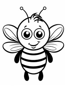 coloring page for kids,cute bee cartoon, simple dainty thick black line, black and white,vector art on a white background --no shading --ar 85:110 --v 5.2