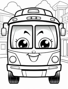 coloring page for kids,cute bus cartoon, simple dainty thick black line, black and white,vector art on a white background --no shading --ar 85:110 --v 5.2