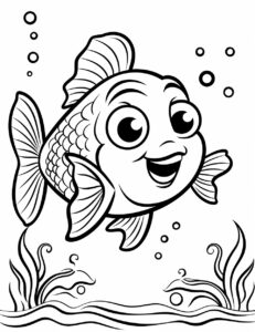 coloring page for kids,cute fish cartoon, simple dainty thick black line, black and white,vector art on a white background --no shading --ar 85:110 --v 5.2
