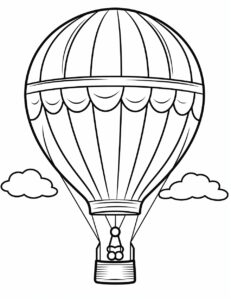 coloring page for kids,cute hot air ballon cartoon, simple dainty thick black line, black and white,vector art on a white background --no shading --ar 85:110 --v 5.2