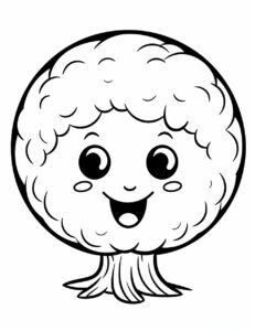 coloring page for kids,cute tree Ball cartoon, simple dainty thick black line, black and white,vector art on a white background --no shading --ar 85:110 --v 5.2