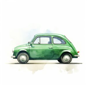 An emerald green electric car, Side view, stop method, watercolor painting, 4K, hyper quality