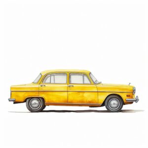 A yellow boxy old car viewed from the side standing infront of a white backgroun