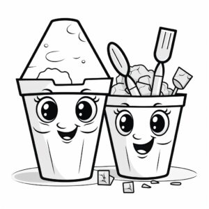 kid's coloring book, Bucket and spade, cartoon, thick lines, black and white, white background --style raw --v 5.2