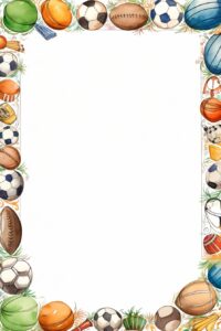 parchment for tales. parchment for child book. Beautiful frame with doodles of sports. Parchment white. children book. Comic style. pixar style. balls sports. white background. --ar 2:3 --v 5.2